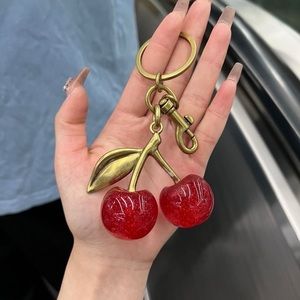 Red Cherry Keychain with Gold Accents. pendant